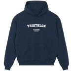 Triathlon hoodie – navy men's hoodie with white Triathlon letters and Players Couture logo on the chest
