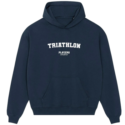 Triathlon hoodie – navy men's hoodie with white Triathlon letters and Players Couture logo on the chest