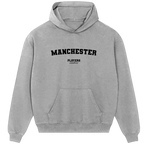 Manchester hoodie – red men's hoodie with white Manchester letters and Players Couture logo on the chest