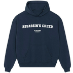 Assassin’s Creed hoodie – grey men's hoodie with black Assassin’s Creed letters and Players Couture logo on the chest