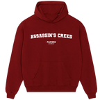 Assassin’s Creed hoodie – close-up of white Assassin’s Creed lettering and Players Couture logo on the chest