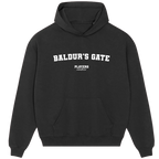 Baldur’s Gate hoodie – close-up of white Baldur’s Gate lettering and Players Couture logo on the chest