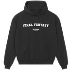 Final Fantasy hoodie – close-up of white Final Fantasy lettering and Players Couture logo on the chest