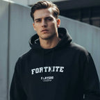 Fortnite hoodie – navy men's hoodie with white Fortnite letters and Players Couture logo on the chest