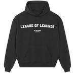 League of Legends hoodie – navy men's hoodie with white League of Legends letters and Players Couture logo on the chest