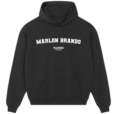 Marlon Brando hoodie – navy men's hoodie with white Marlon Brando letters and Players Couture logo on the chest