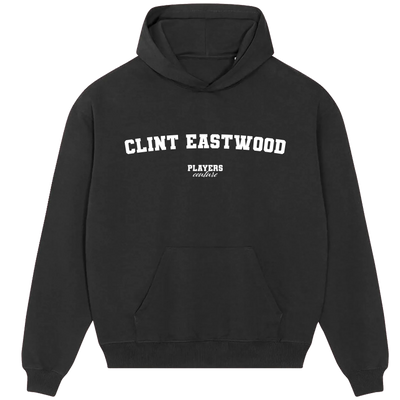 Clint Eastwood hoodie – navy men's hoodie with white Clint Eastwood letters and Players Couture logo on the chest