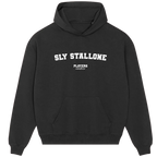 Sly Stallone hoodie – black men's hoodie with white Sly Stallone letters and Players Couture logo on the chest