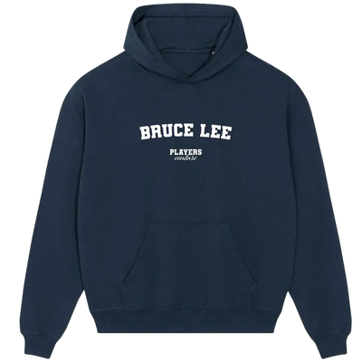 Bruce Lee hoodie – navy men's hoodie with white Bruce Lee letters and Players Couture logo on the chest