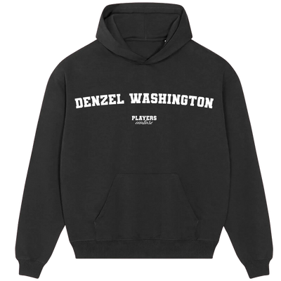 Denzel Washington hoodie – navy men's hoodie with white Denzel Washington letters and Players Couture logo on the chest