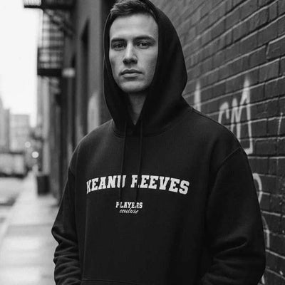 Keanu Reeves hoodie – navy men's hoodie with white Keanu Reeves letters and Players Couture logo on the chest
