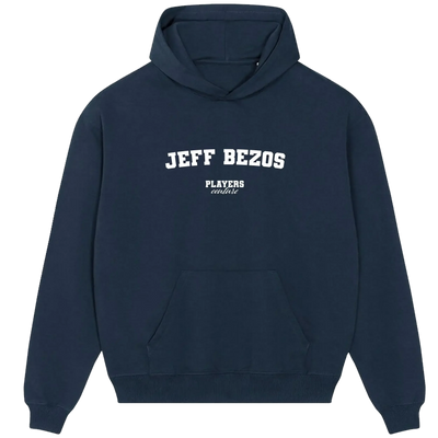 Jeff Bezos hoodie – navy men's hoodie with white Jeff Bezos letters and Players Couture logo on the chest