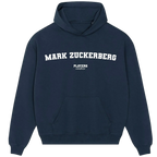 Mark Zuckerberg hoodie – navy men's hoodie with white Mark Zuckerberg letters and Players Couture logo on the chest