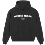 Mukesh Ambani hoodie – black men's hoodie with white Mukesh Ambani letters and Players Couture logo on the chest