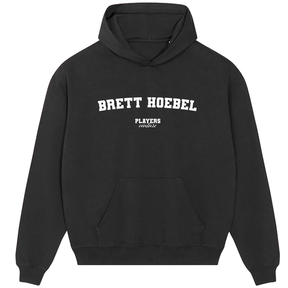 Brett Hoebel hoodie – grey men's hoodie with black Brett Hoebel letters and Players Couture logo on the chest