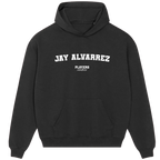 Jay Alvarrez hoodie – navy men's hoodie with white Jay Alvarrez letters and Players Couture logo on the chest