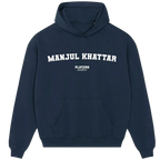 Manjul Khattar hoodie – navy men's hoodie with white Manjul Khattar letters and Players Couture logo on the chest