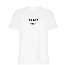 AJ Lee t-shirt – white men's t-shirt with black AJ Lee letters and Players Couture logo on the chest