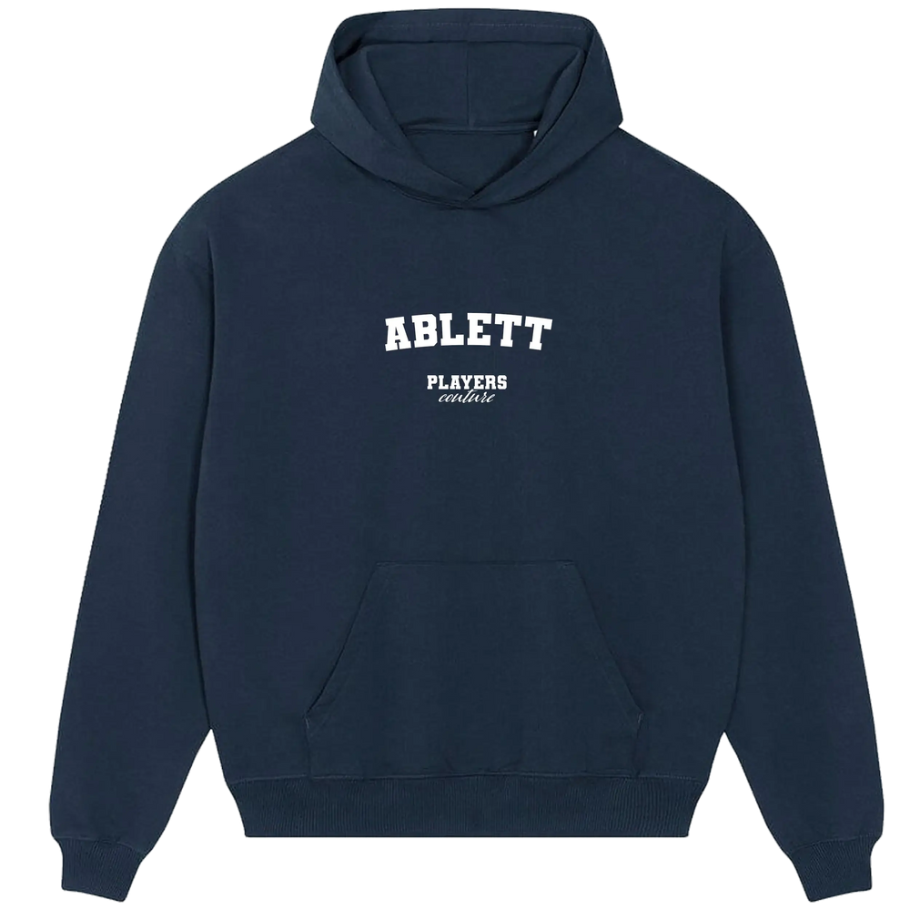 Navy blue Ablett Players Couture men's casual hoodie with front kangaroo pocket and white logo