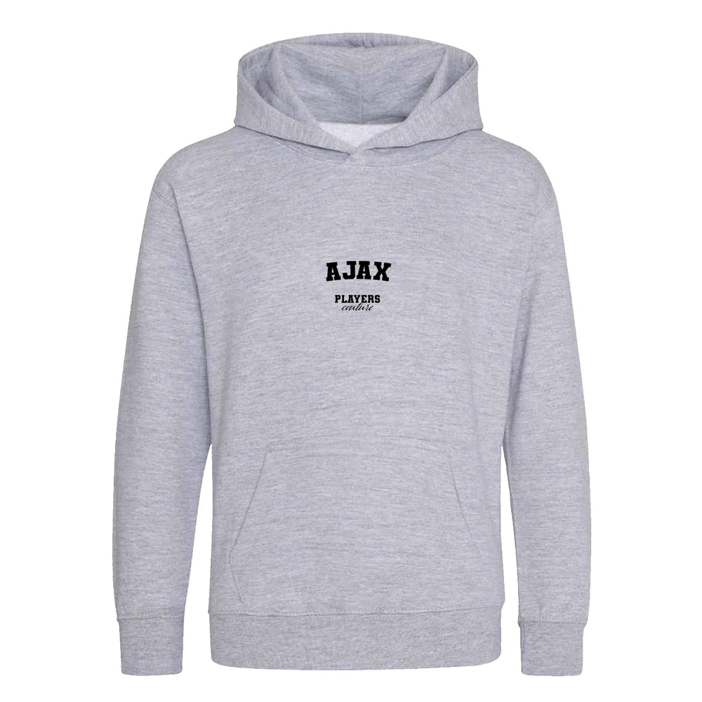 Ajax hoodie – grey kids' hoodie with black Ajax letters and Players Couture logo on the chest