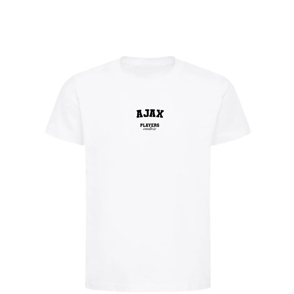 Ajax t-shirt – white kids' t-shirt with black Ajax letters and Players Couture logo on the chest