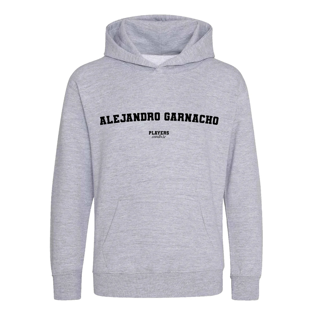 Alejandro Garnacho hoodie – grey kids' hoodie with black Alejandro Garnacho letters and Players Couture logo on the chest