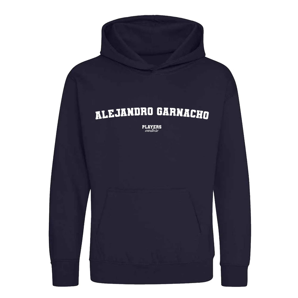 Alejandro Garnacho hoodie – navy kids' hoodie with white Alejandro Garnacho letters and Players Couture logo on the chest