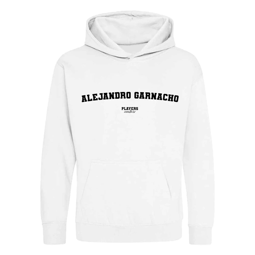 Alejandro Garnacho hoodie – white kids' hoodie with black Alejandro Garnacho letters and Players Couture logo on the chest