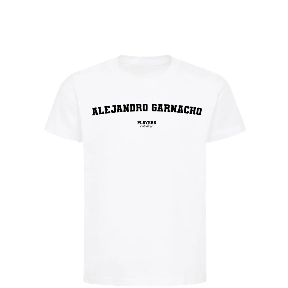 Alejandro Garnacho t-shirt – white kids' t-shirt with black Alejandro Garnacho letters and Players Couture logo on the chest