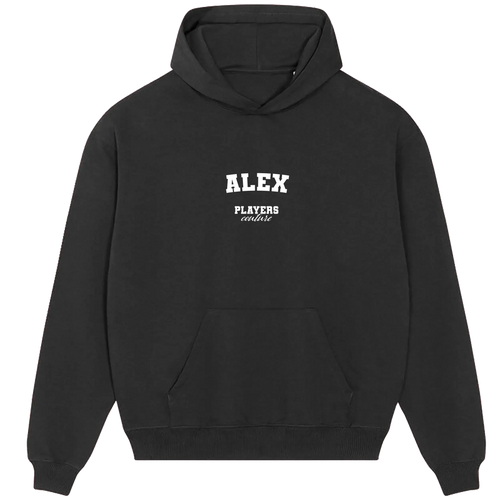 Alex hoodie – black men's hoodie with white Alex letters and Players Couture logo on the chest