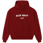 Alex Scott hoodie – red men's hoodie with white Alex Scott letters and Players Couture logo on the chest