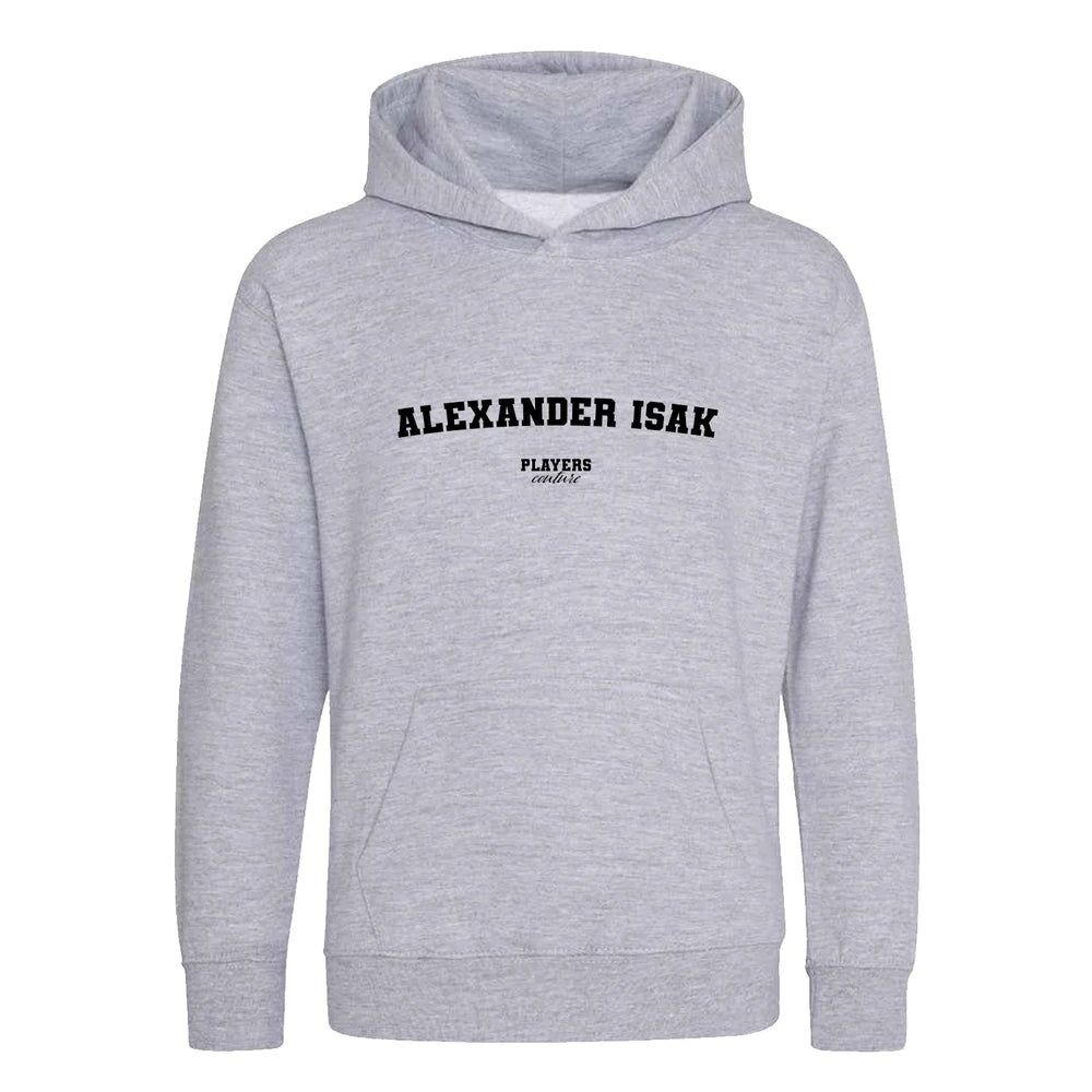Alexander Isak hoodie – grey kids' hoodie with black Alexander Isak letters and Players Couture logo on the chest