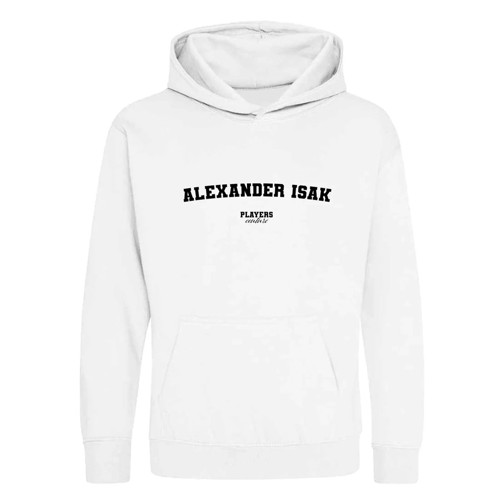 Alexander Isak hoodie – white kids' hoodie with black Alexander Isak letters and Players Couture logo on the chest