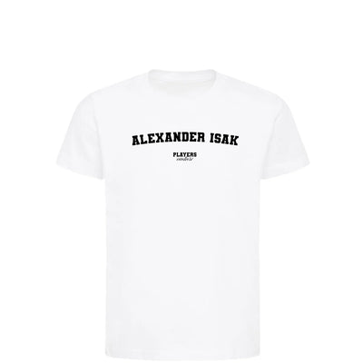 Alexander Isak t-shirt – white kids' t-shirt with black Alexander Isak letters and Players Couture logo on the chest