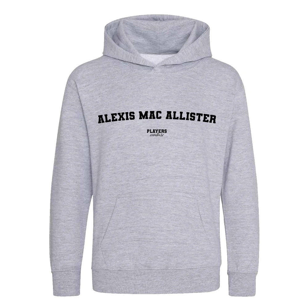 Alexis Mac Allister hoodie – grey kids' hoodie with black Alexis Mac Allister letters and Players Couture logo on the chest