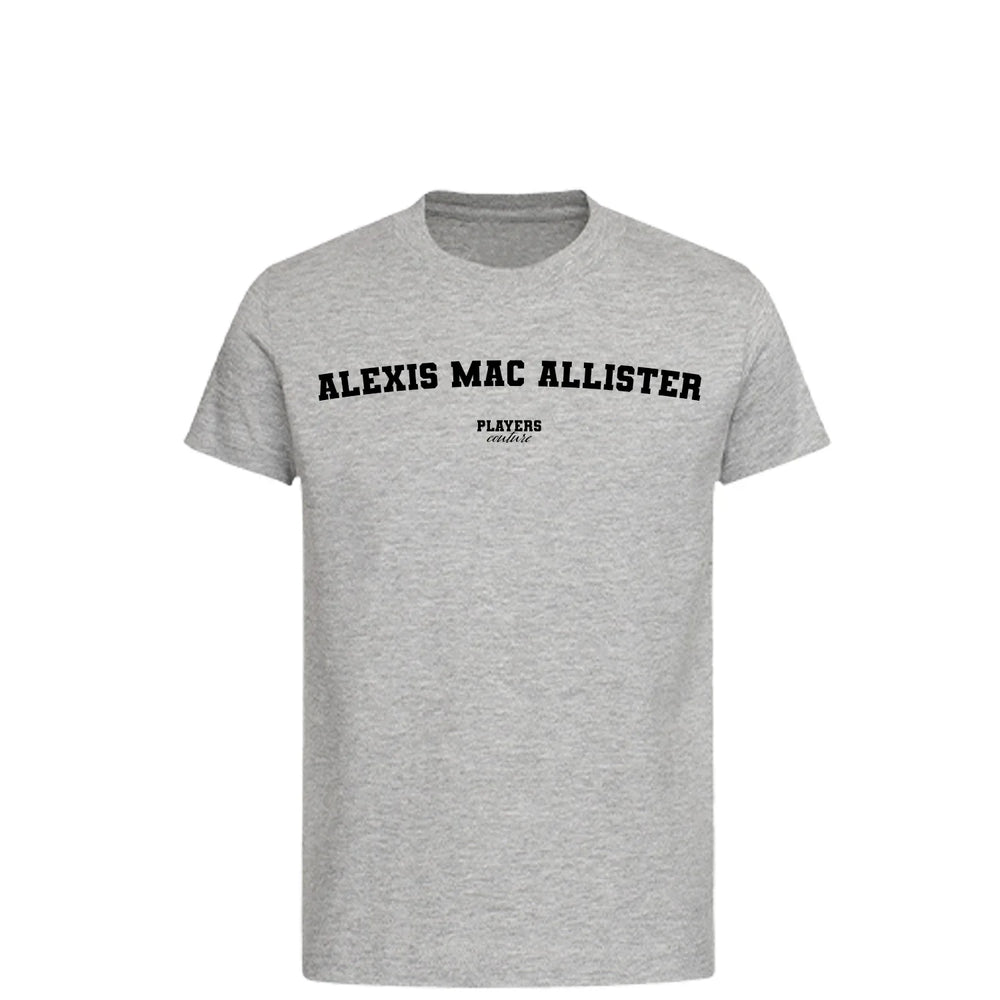 Alexis Mac Allister t-shirt – grey kids' t-shirt with black Alexis Mac Allister letters and Players Couture logo on the chest