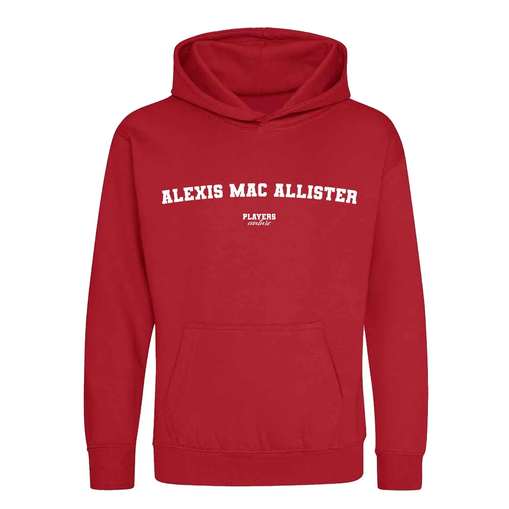 Alexis Mac Allister hoodie – red kids' hoodie with white Alexis Mac Allister letters and Players Couture logo on the chest