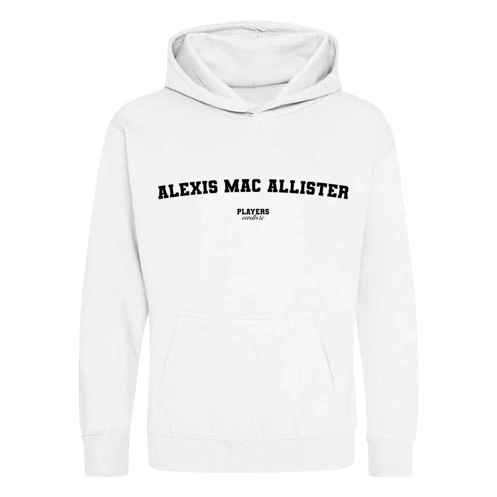 Alexis Mac Allister hoodie – white kids' hoodie with black Alexis Mac Allister letters and Players Couture logo on the chest