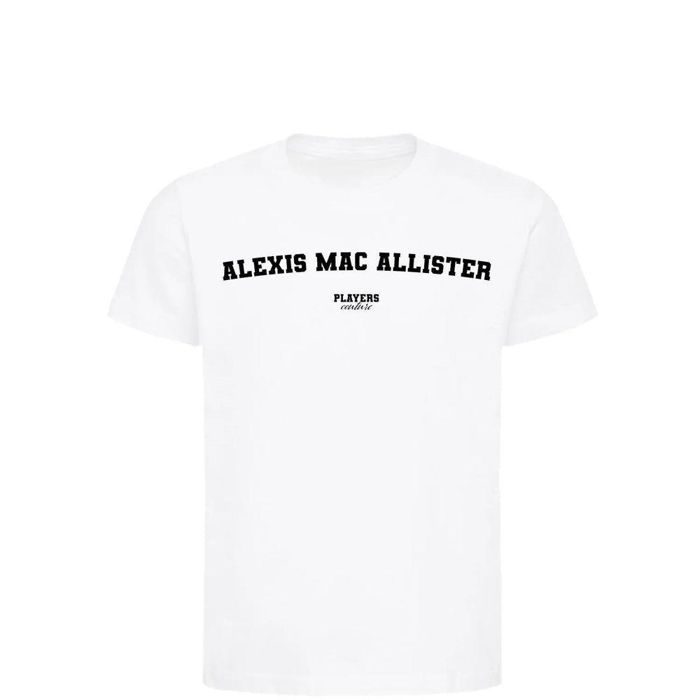 Alexis Mac Allister t-shirt – white kids' t-shirt with black Alexis Mac Allister letters and Players Couture logo on the