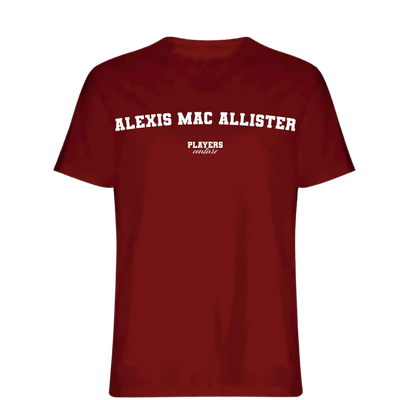 Alexis Mac Allister t-shirt – red men's t-shirt with white Alexis Mac Allister letters and Players Couture logo on the chest