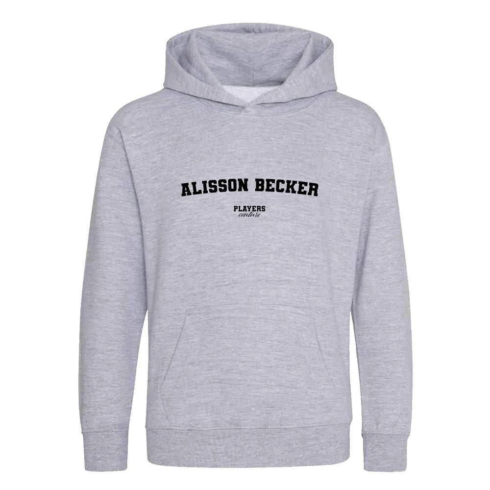 Alisson Becker hoodie – grey kids' hoodie with black Alisson Becker letters and Players Couture logo on the chest