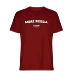 Andre Russell t-shirt – red men's t-shirt with white Andre Russell letters and Players Couture logo on the chest