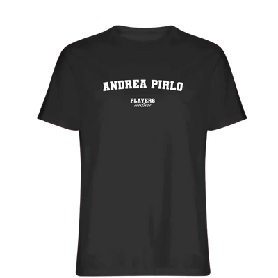 Andrea Pirlo t-shirt – black men's t-shirt with white Andrea Pirlo letters and Players Couture logo on the chest