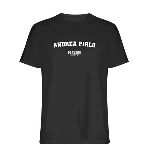 Andrea Pirlo t-shirt – black men's t-shirt with white Andrea Pirlo letters and Players Couture logo on the chest