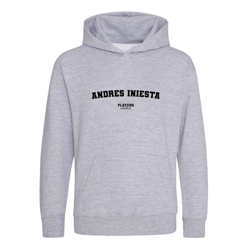 Andres Iniesta hoodie – grey kids' hoodie with black Andres Iniesta letters and Players Couture logo on the chest