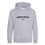 Andres Iniesta hoodie – grey kids' hoodie with black Andres Iniesta letters and Players Couture logo on the chest