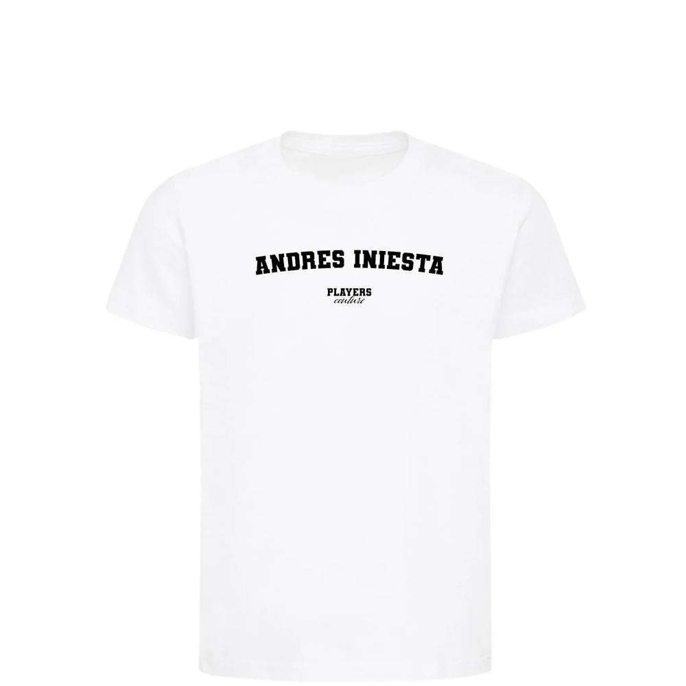 Andres Iniesta t-shirt – white kids' t-shirt with black Andres Iniesta letters and Players Couture logo on the chest