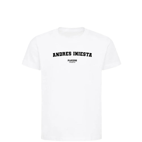 Andres Iniesta t-shirt – white kids' t-shirt with black Andres Iniesta letters and Players Couture logo on the chest