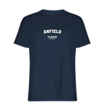 Anfield t-shirt – navy men's t-shirt with white Anfield letters and Players Couture logo on the chest