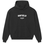Anfield hoodie – grey men's hoodie with black Anfield letters and Players Couture logo on the chest